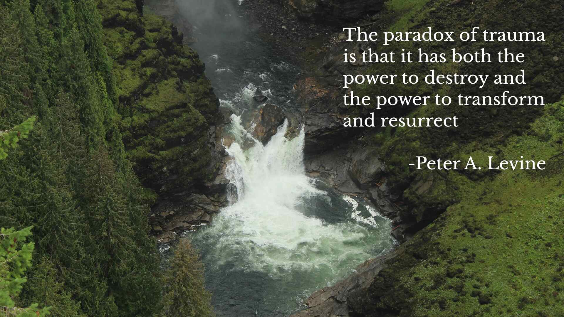 Looking down on a waterfall in a canyon surrounded by mossy green rocks and a quote by Peter A. Levine about trauma's ability to transform and resurrect mental health
